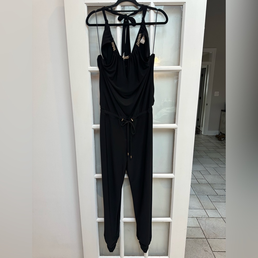 Vintage Cache Y2K Black Halter Jumpsuit Gold Accents Chains Cinched Belt Size 2